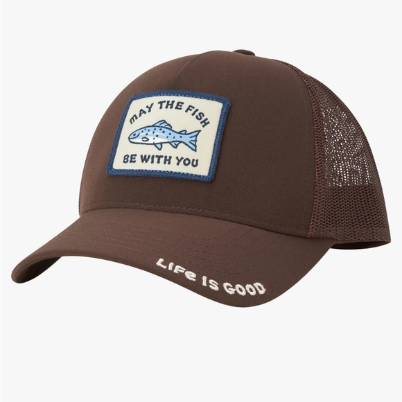 Life is good - brown mesh trucker snap back hat- “May The Fish Be With You” - Picture 1 of 6